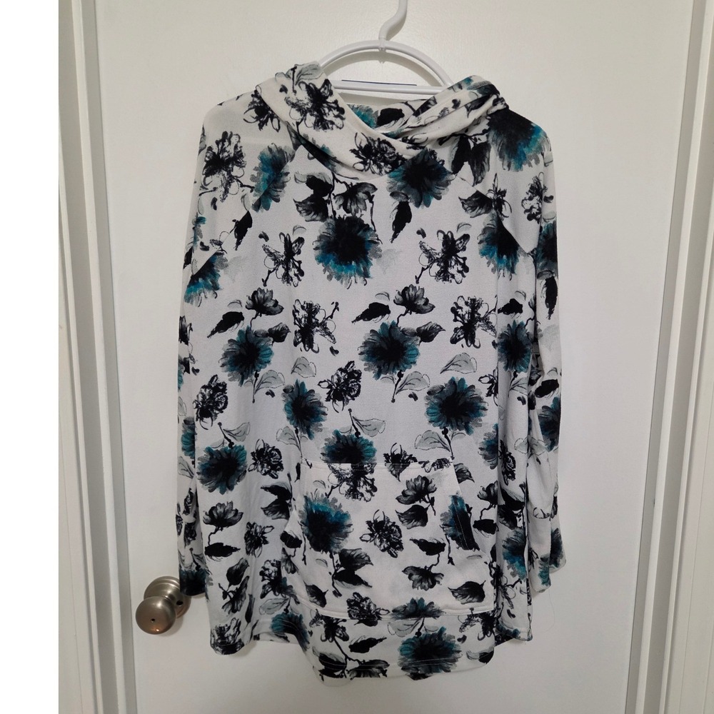 LuLaRoe Floral Hoodie XL Teal Black White Raglan Sleeve Kangaroo Pocket Pullover